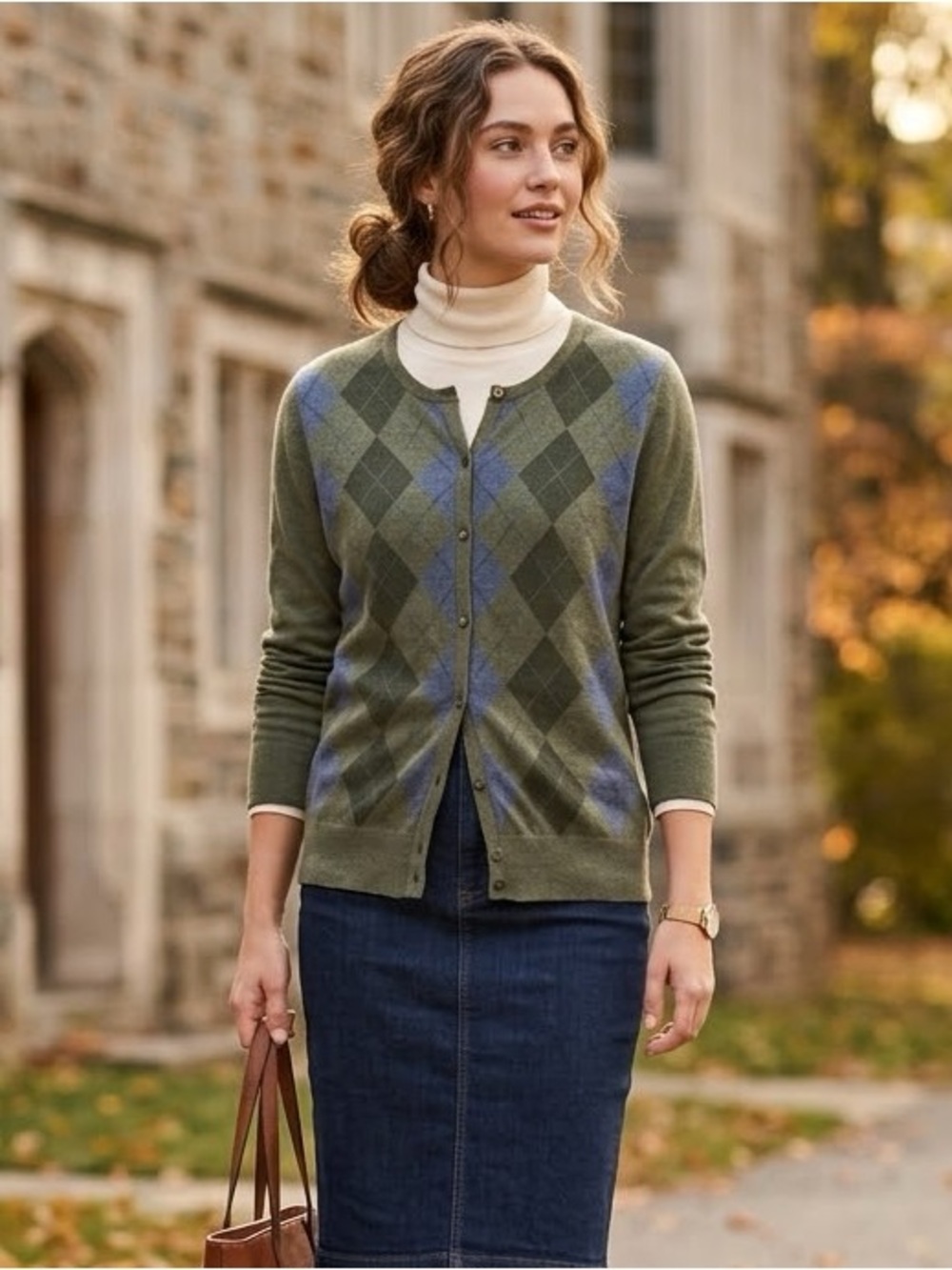Womens Medium Croft & Barrow Argyle Cardigan Sweater Olive Green Preppy Academic